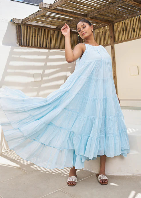 Pastel Blue Multi Tier Maxi Dress