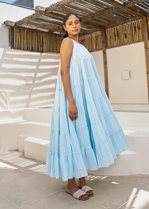 Pastel Blue Multi Tier Maxi Dress