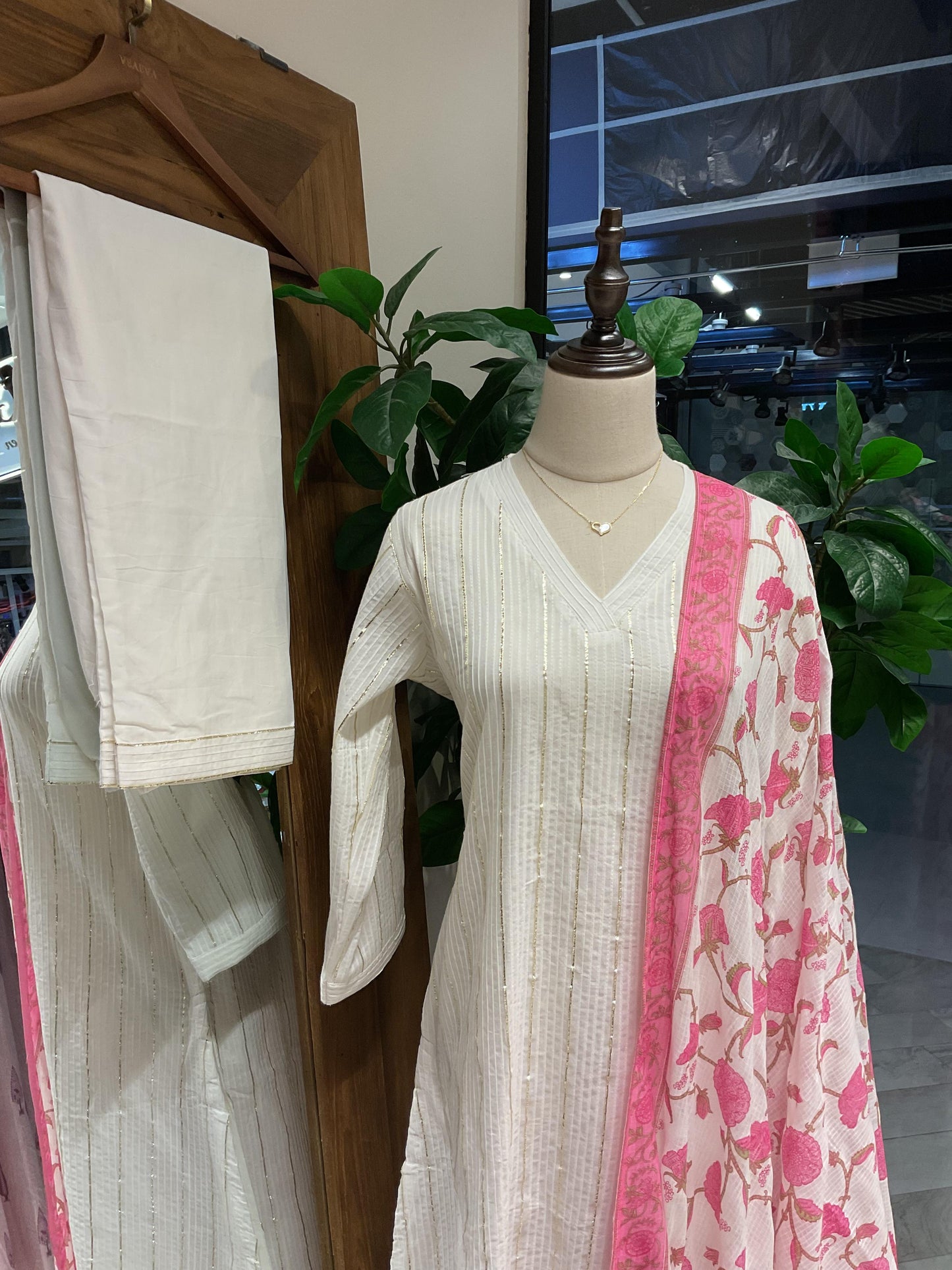 White with Pink Printed Dupatta Suit Set