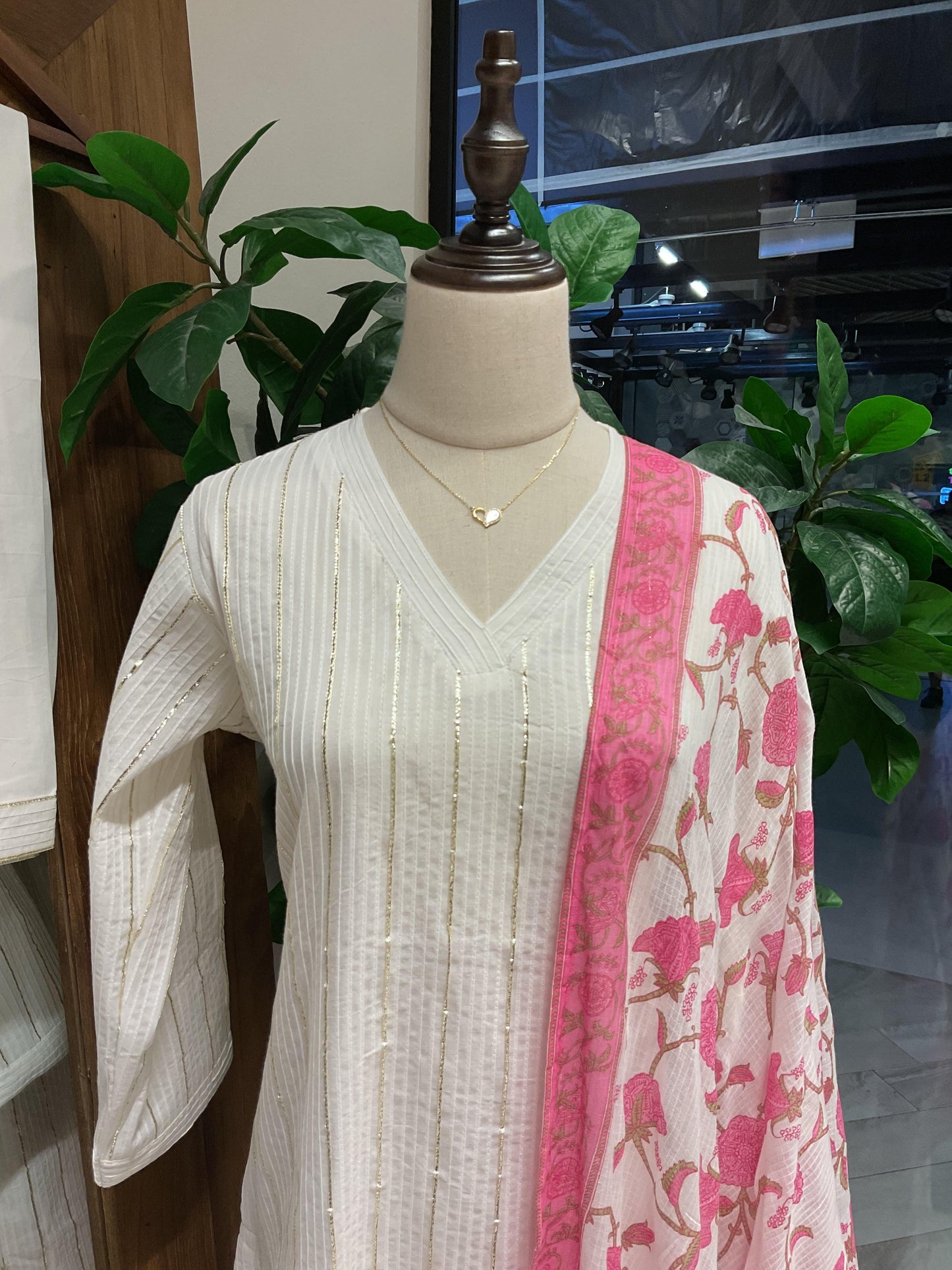 White with Pink Printed Dupatta Suit Set