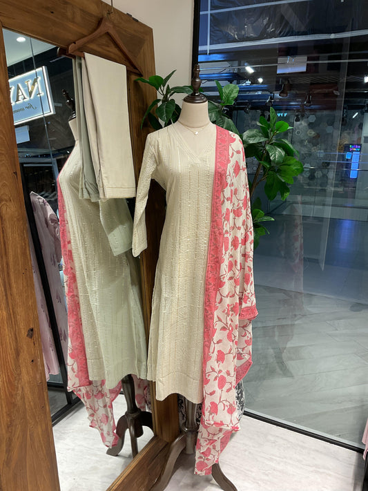 Cream with Peach Printed Dupatta Suit Set