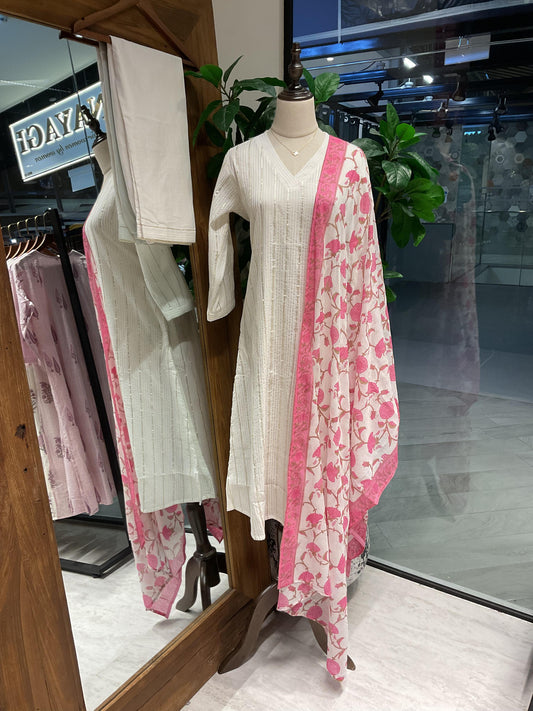 White with Pink Printed Dupatta Suit Set