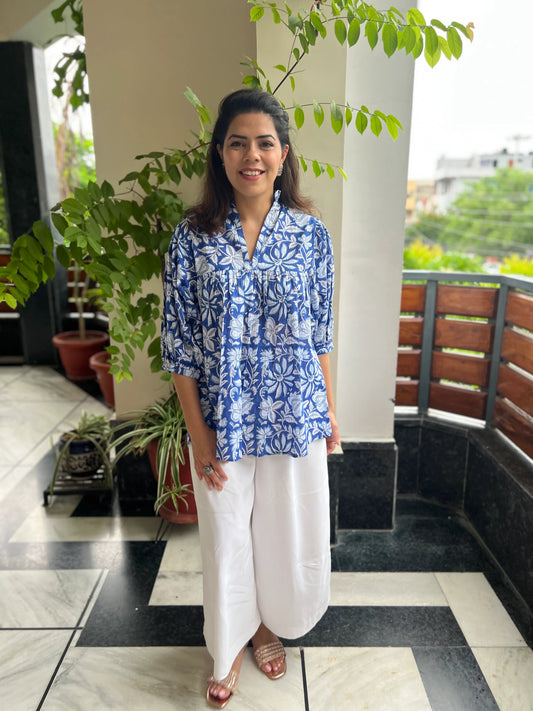 Blue Printed Loose Fit Cotton Top