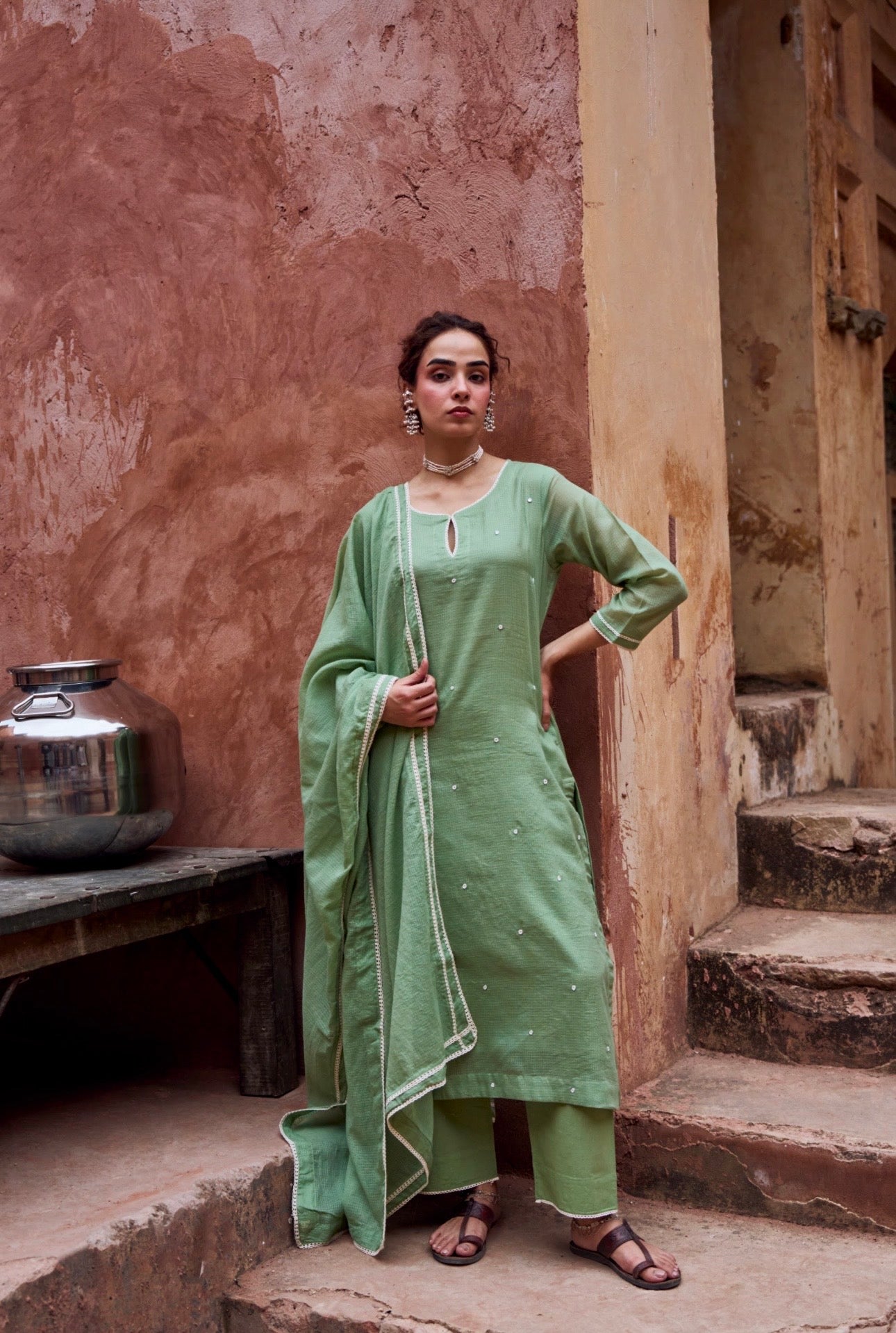 GREEN BEADWORK KOTA DORIA SUIT SET