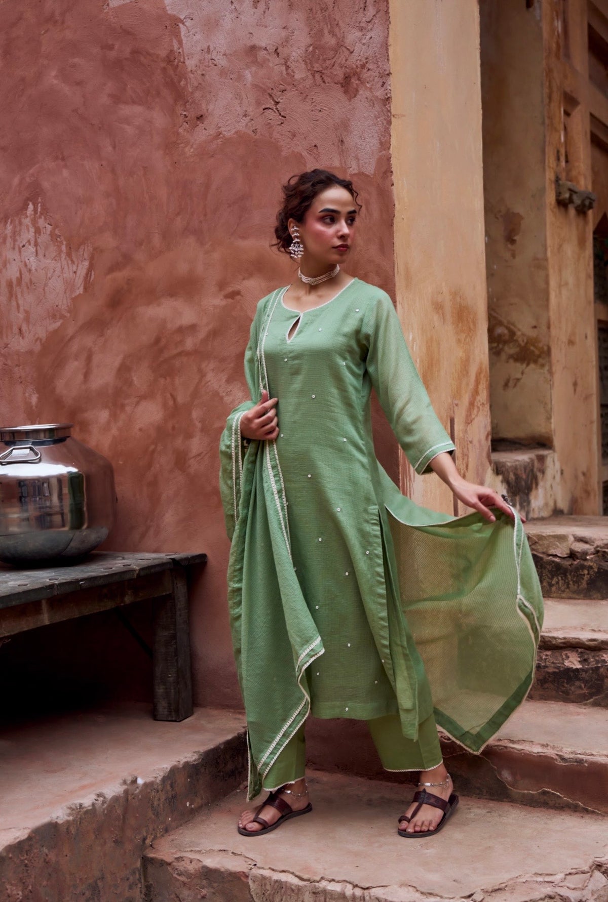 GREEN BEADWORK KOTA DORIA SUIT SET