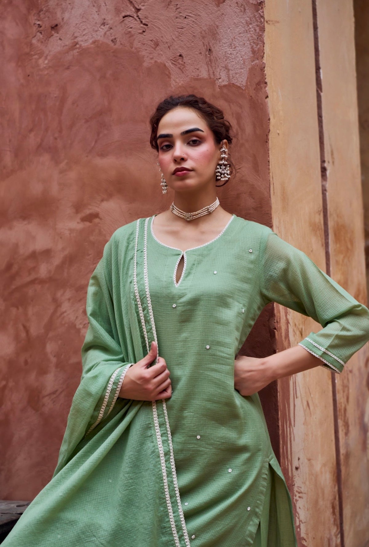GREEN BEADWORK KOTA DORIA SUIT SET