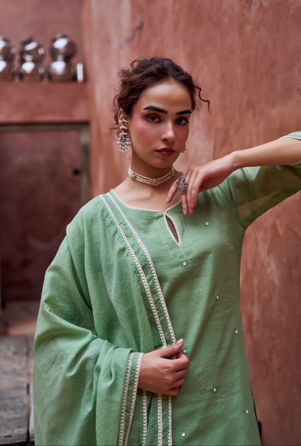 GREEN BEADWORK KOTA DORIA SUIT SET