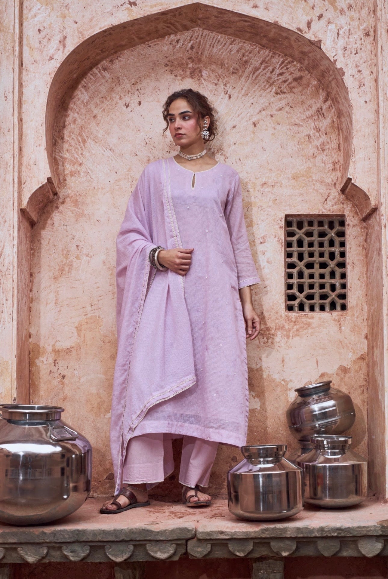 LILAC BEAD WORK SUIT SET IN KOTA DORIA