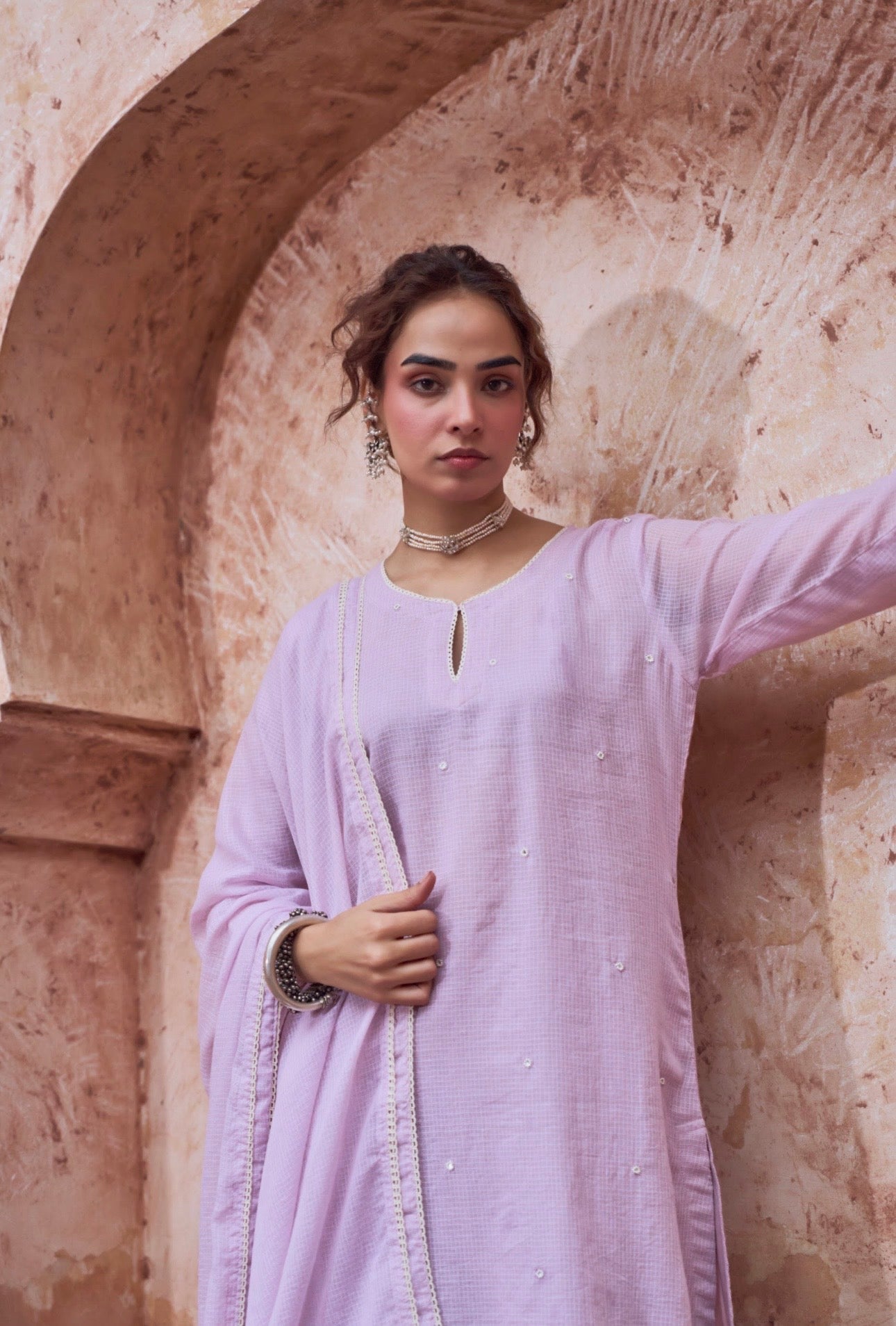 LILAC BEAD WORK SUIT SET IN KOTA DORIA