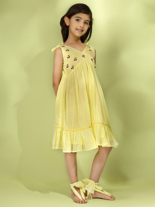 Jiyara - Bright Yellow Cherry Embroidered Dress