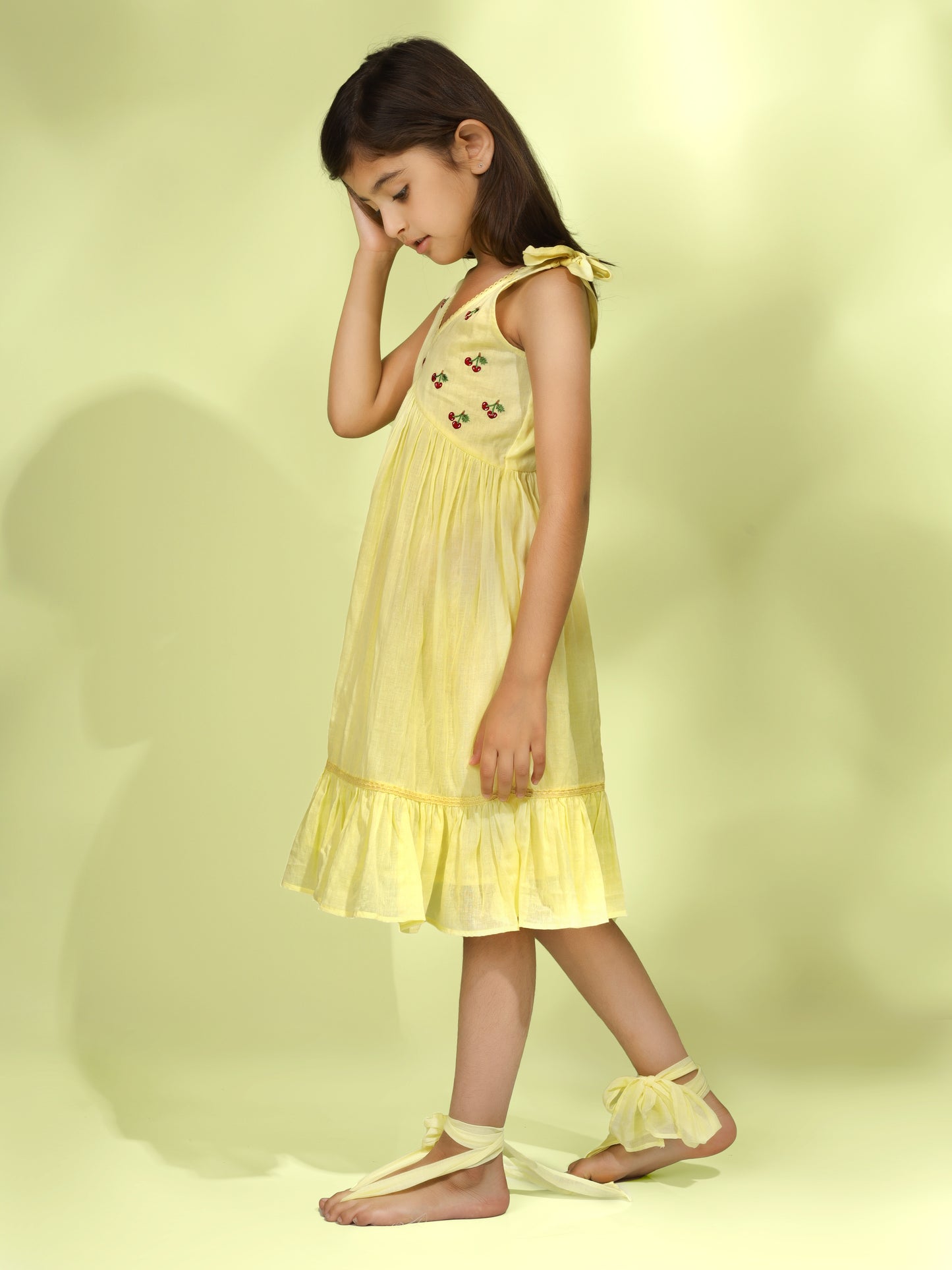 Jiyara - Bright Yellow Cherry Embroidered Dress