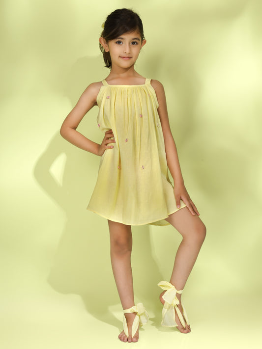 Jiyara - Yellow Butterfly Embroidered Back Adjustable Dress