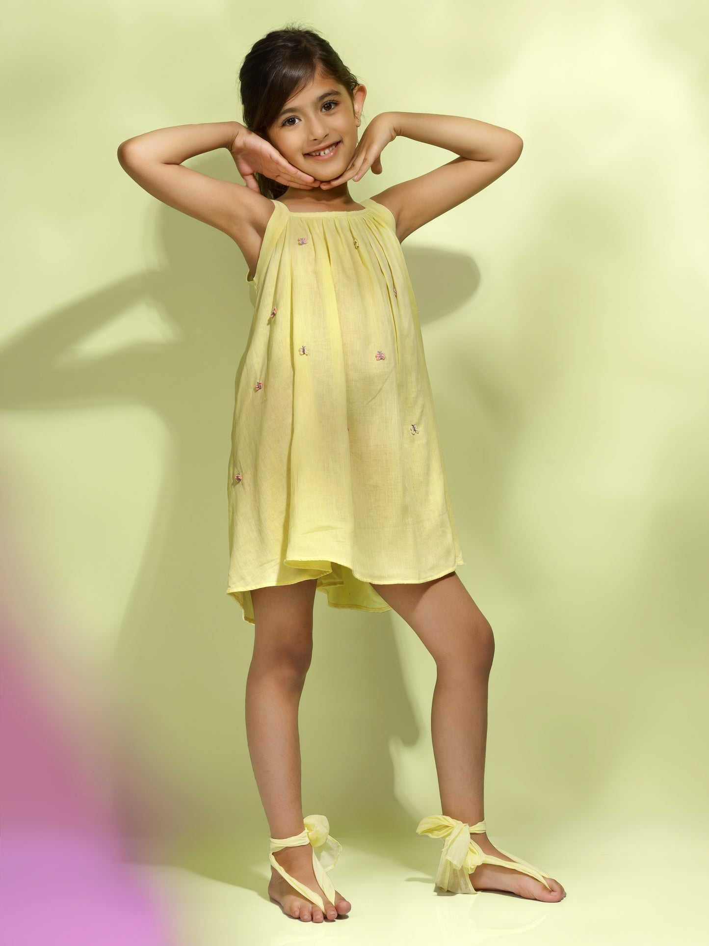 Jiyara - Yellow Butterfly Embroidered Back Adjustable Dress
