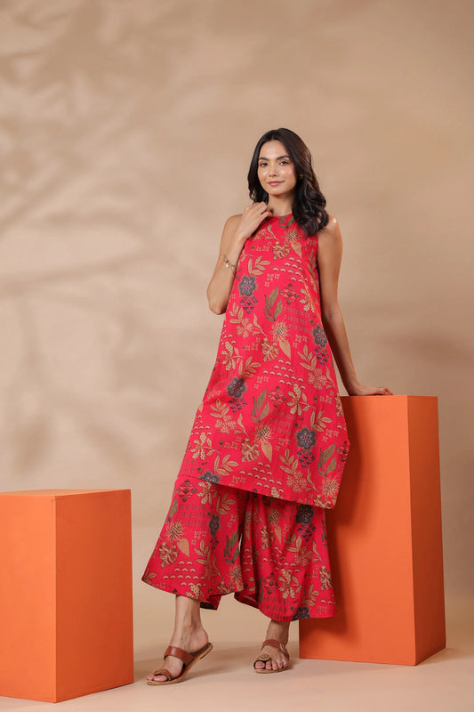 Pink Printed Sleeveless Cotton Kurta & Pants Set