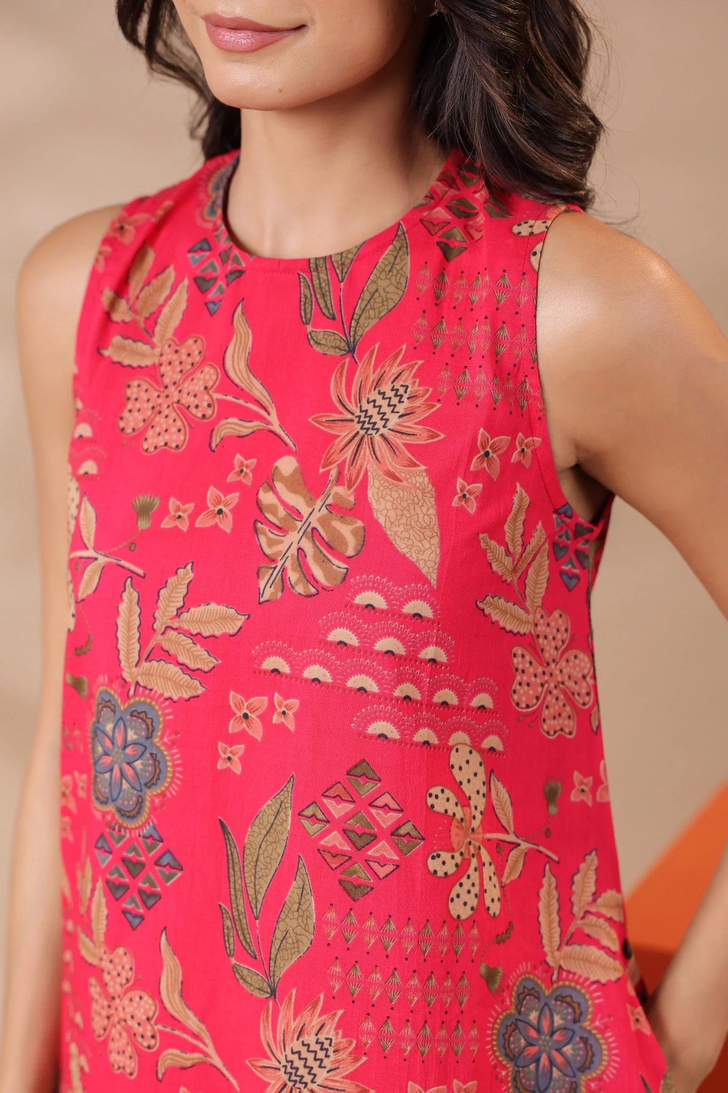 Pink Printed Sleeveless Cotton Kurta & Pants Set