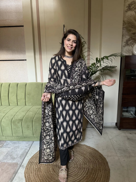 Black Printed Sequinned Pure Cotton Kurta with Trousers & Dupatta