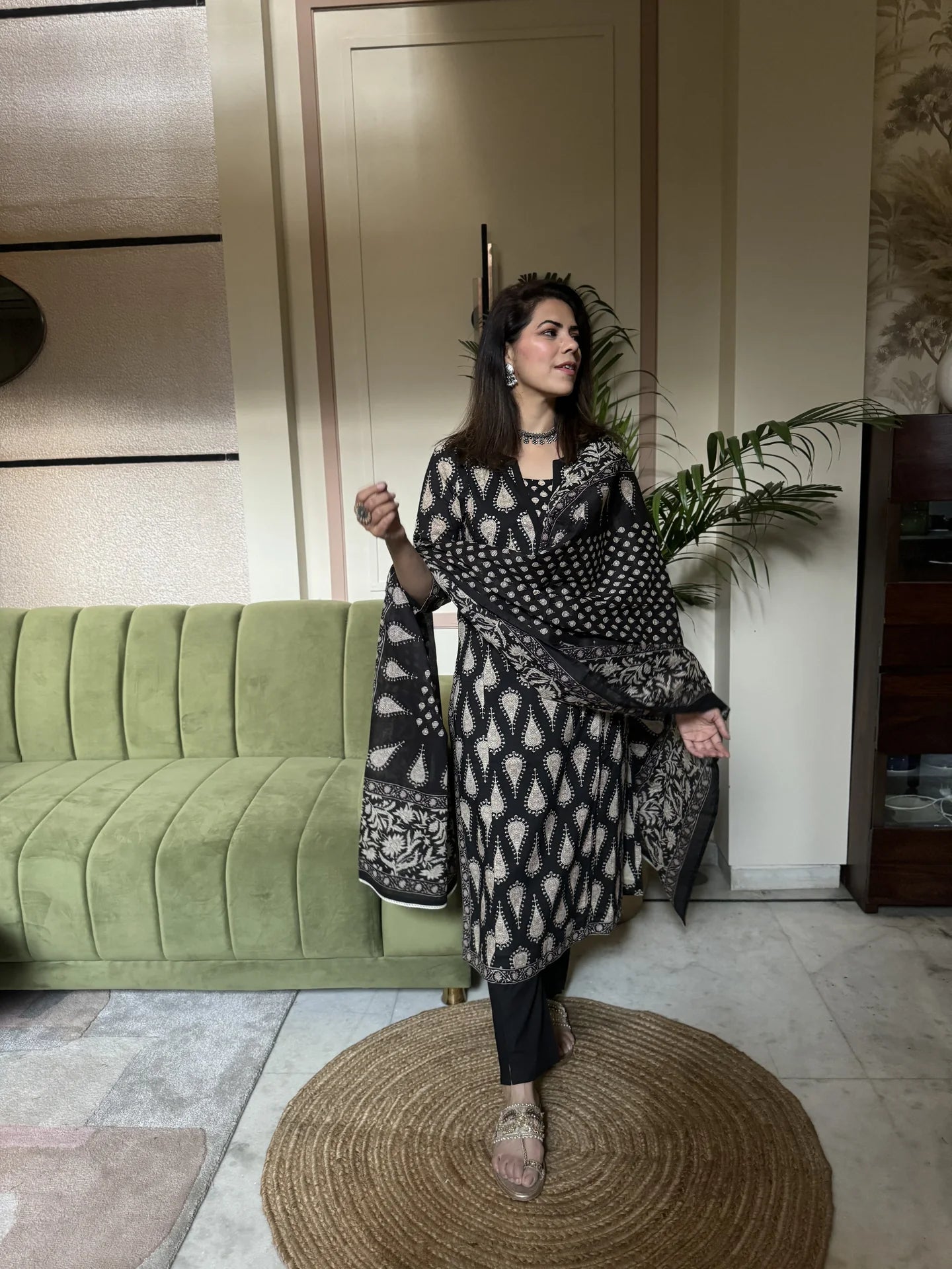 Black Printed Sequinned Pure Cotton Kurta with Trousers & Dupatta