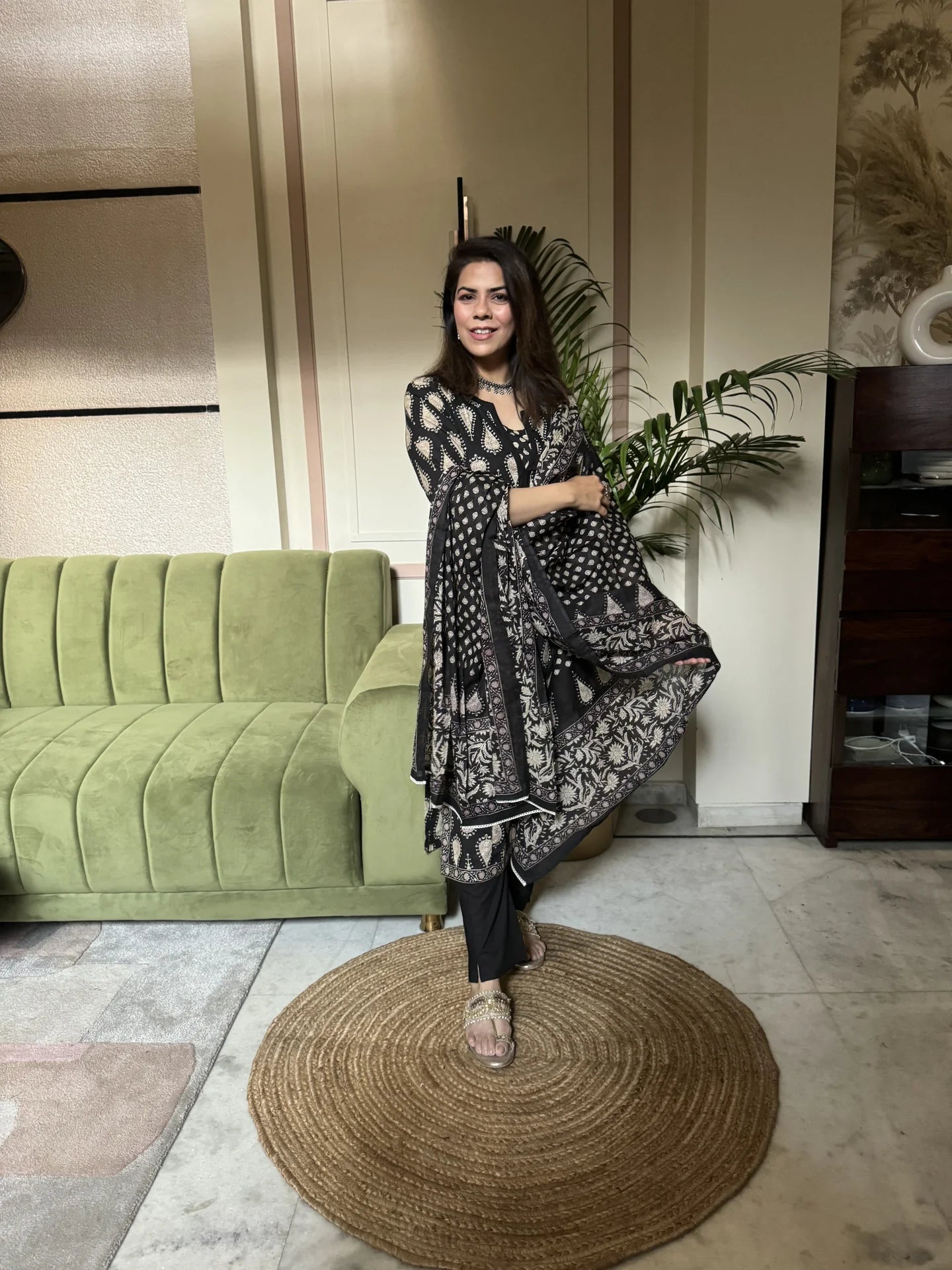 Black Printed Sequinned Pure Cotton Kurta with Trousers & Dupatta