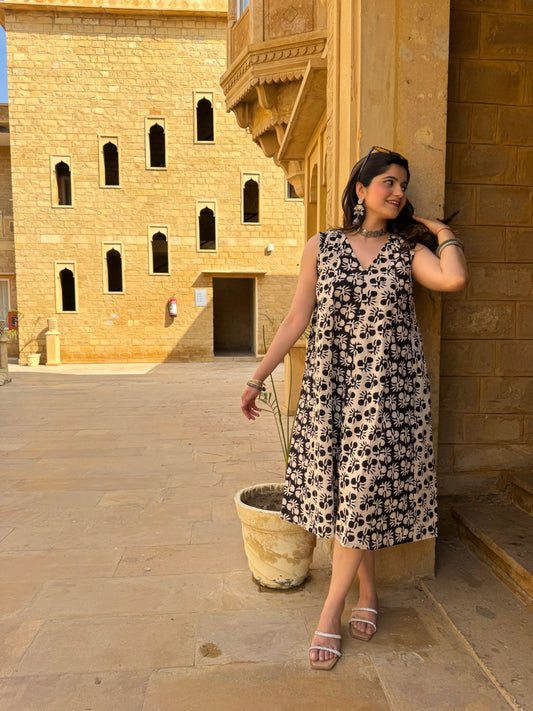 Black Bagru Printed Sleeveless A-Line Dress