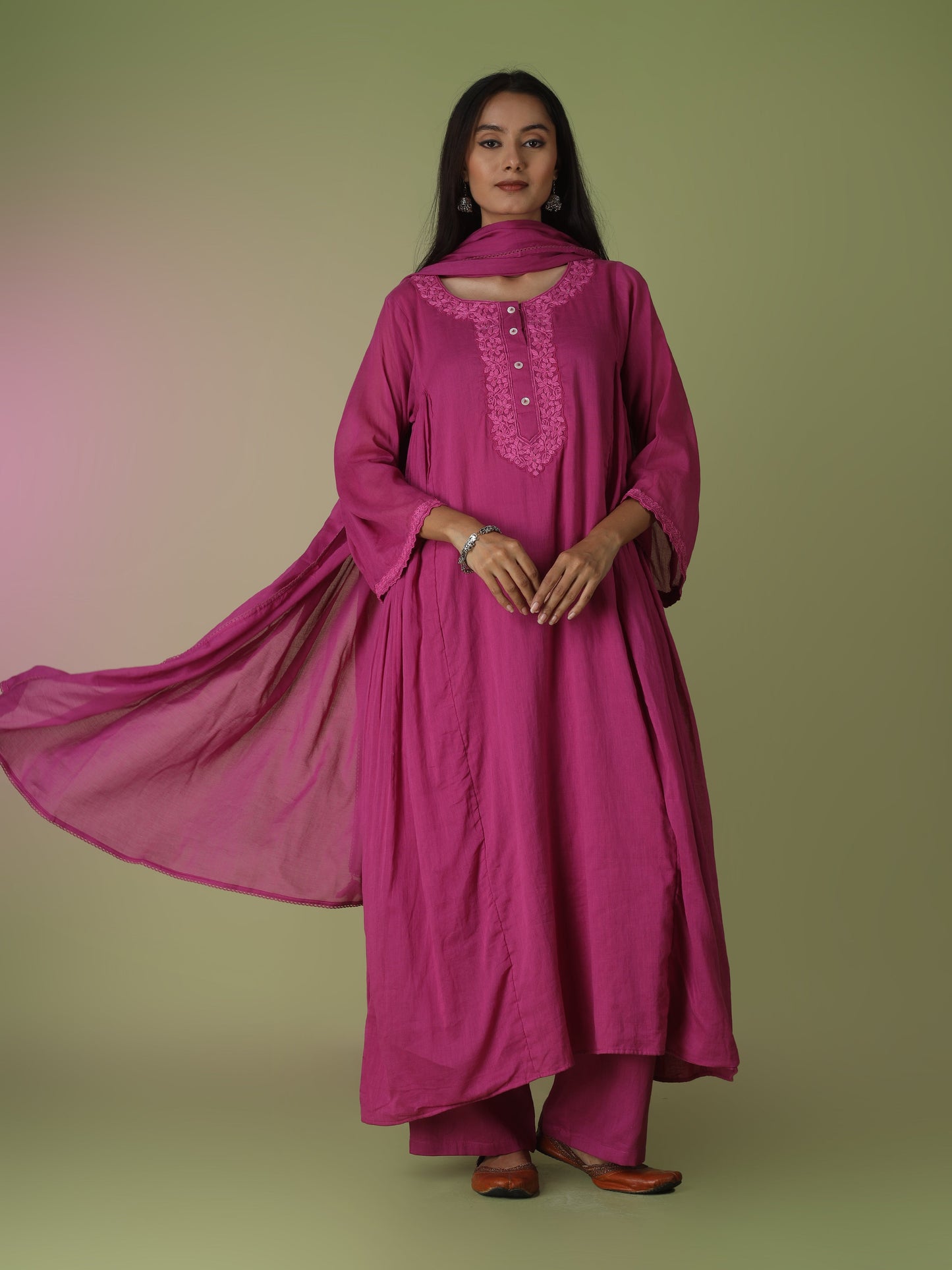 Raspberry Side Gather Anarkali Suit Set