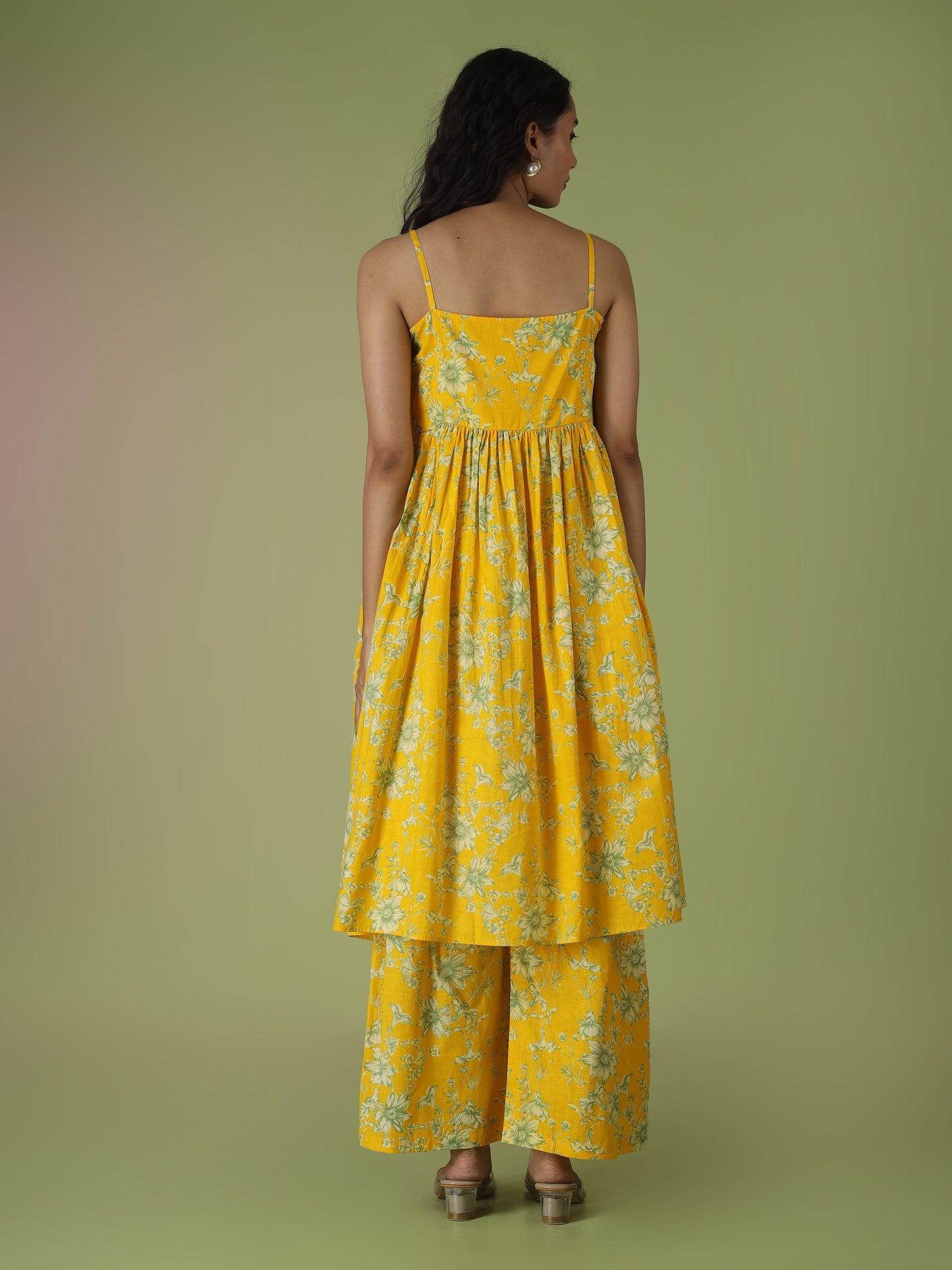 Yellow Printed Strappy Kurta with Palazzo Set