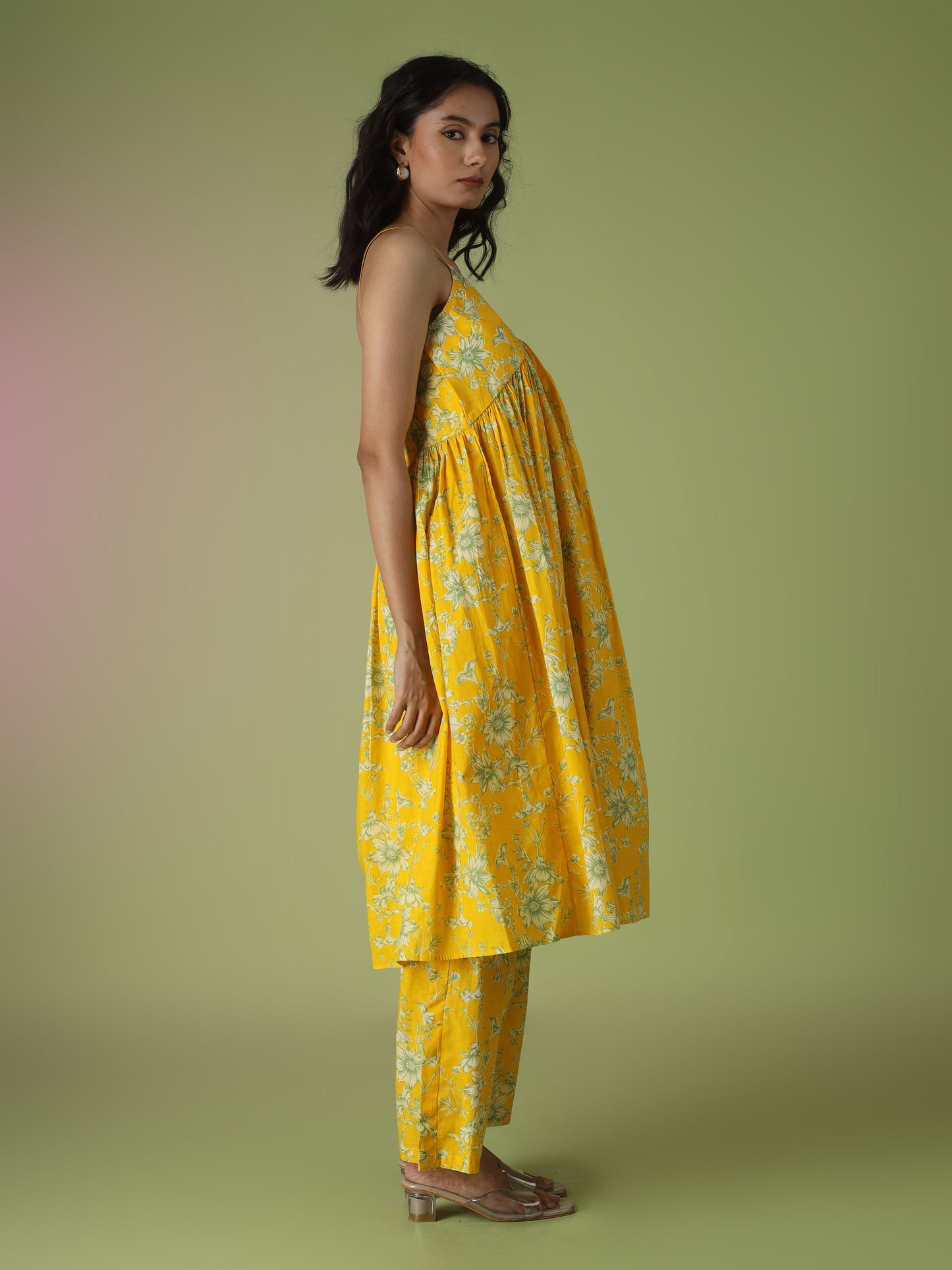 Yellow Printed Strappy Kurta with Palazzo Set