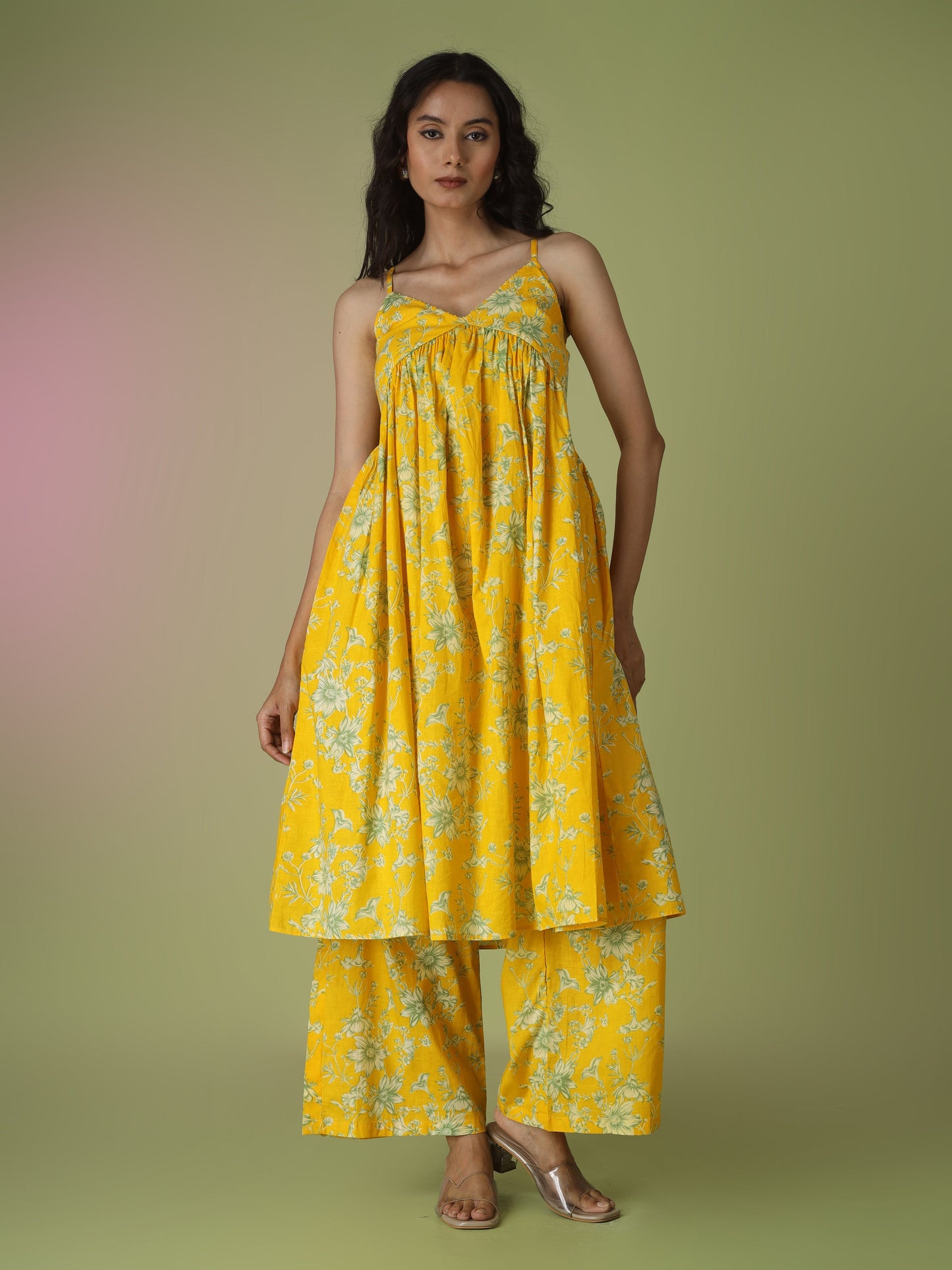 Yellow Printed Strappy Kurta with Palazzo Set