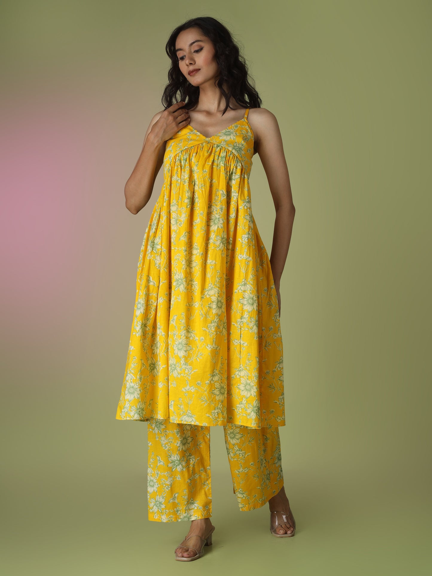 Yellow Printed Strappy Kurta with Palazzo Set