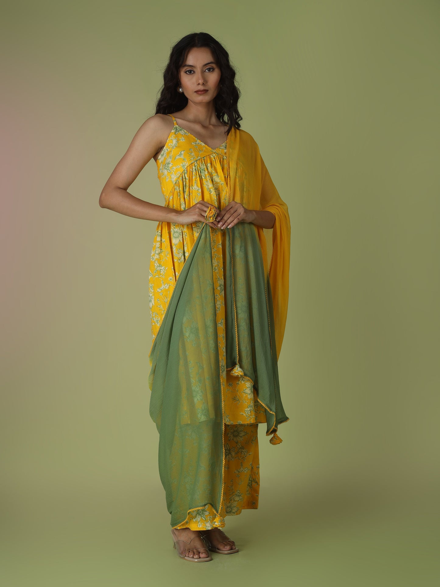 Yellow Printed Strappy Kurta with Palazzo Set