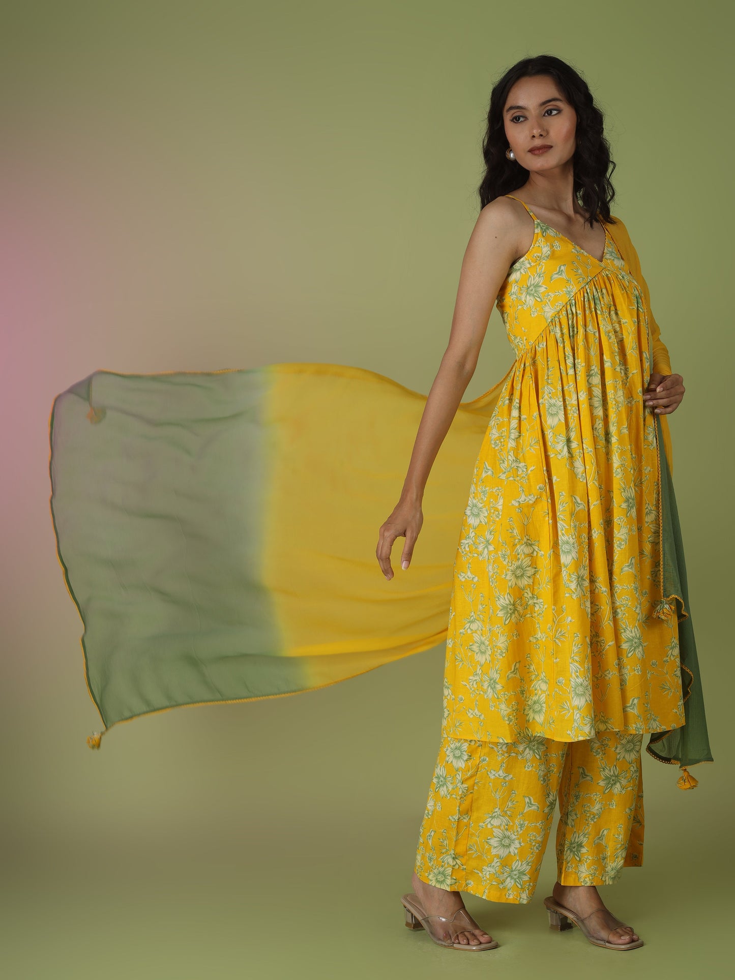 Yellow Printed Strappy Kurta with Palazzo Set
