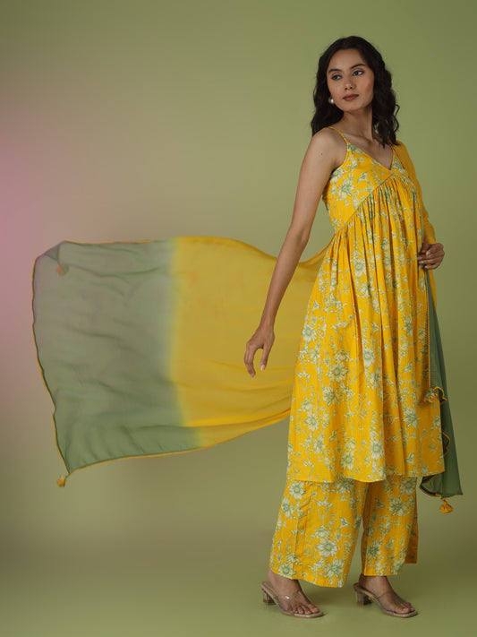 Yellow Printed Strappy Kurta with Palazzo Set