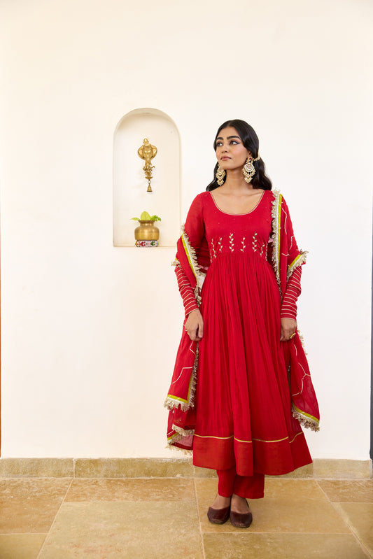 Round Neck Anarkali - Kumkum Red
