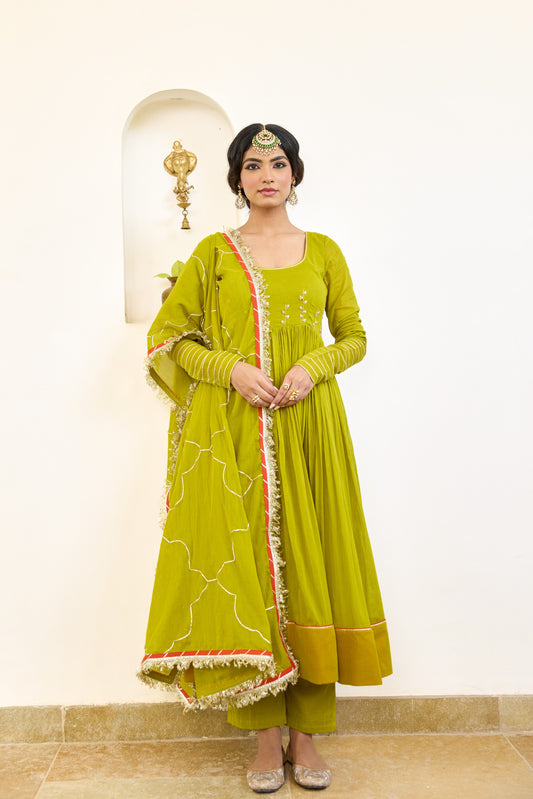 Round Neck Anarkali - Mehndi Green