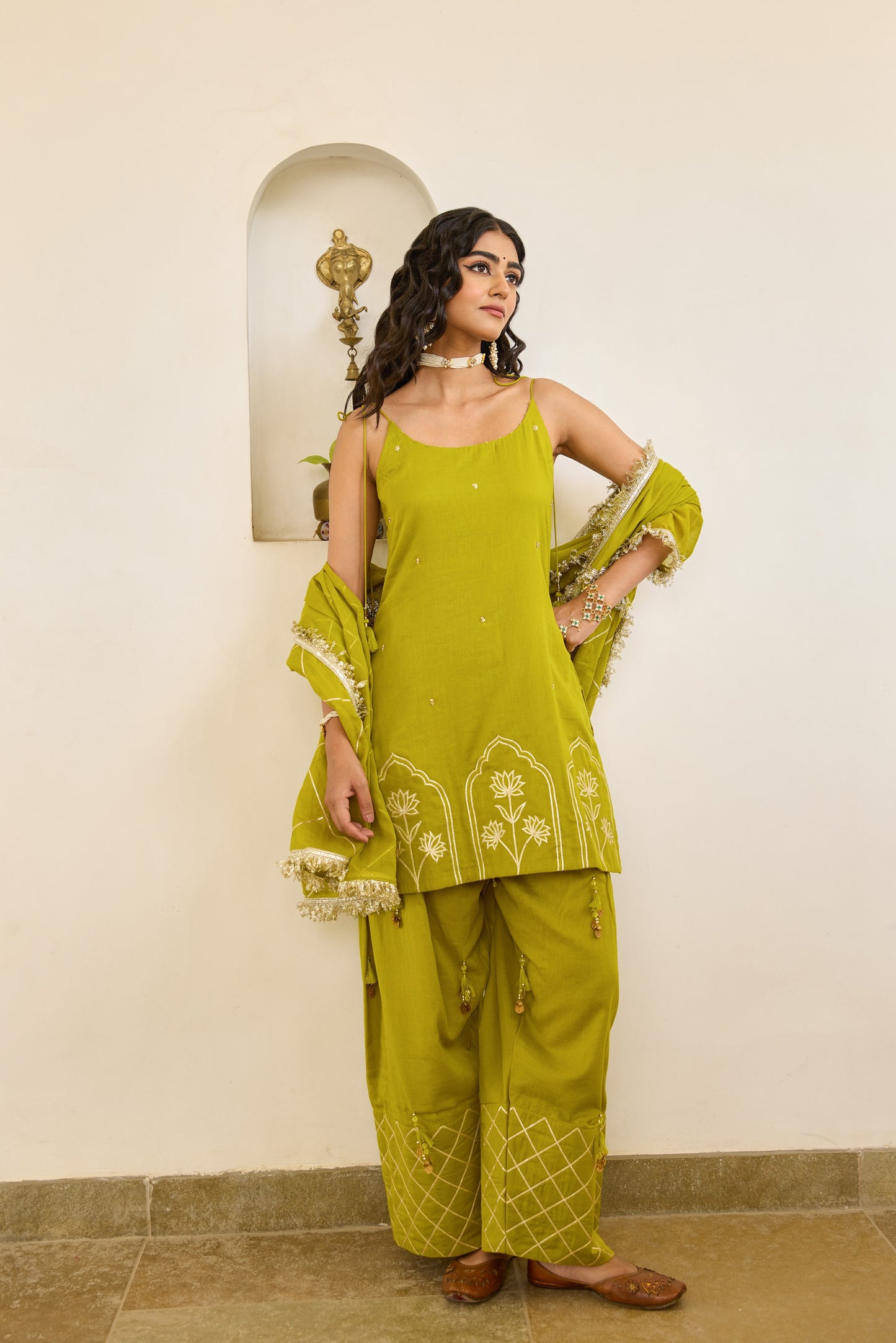 Strappy Kurta with Farshi Shalwar - Mehndi Green