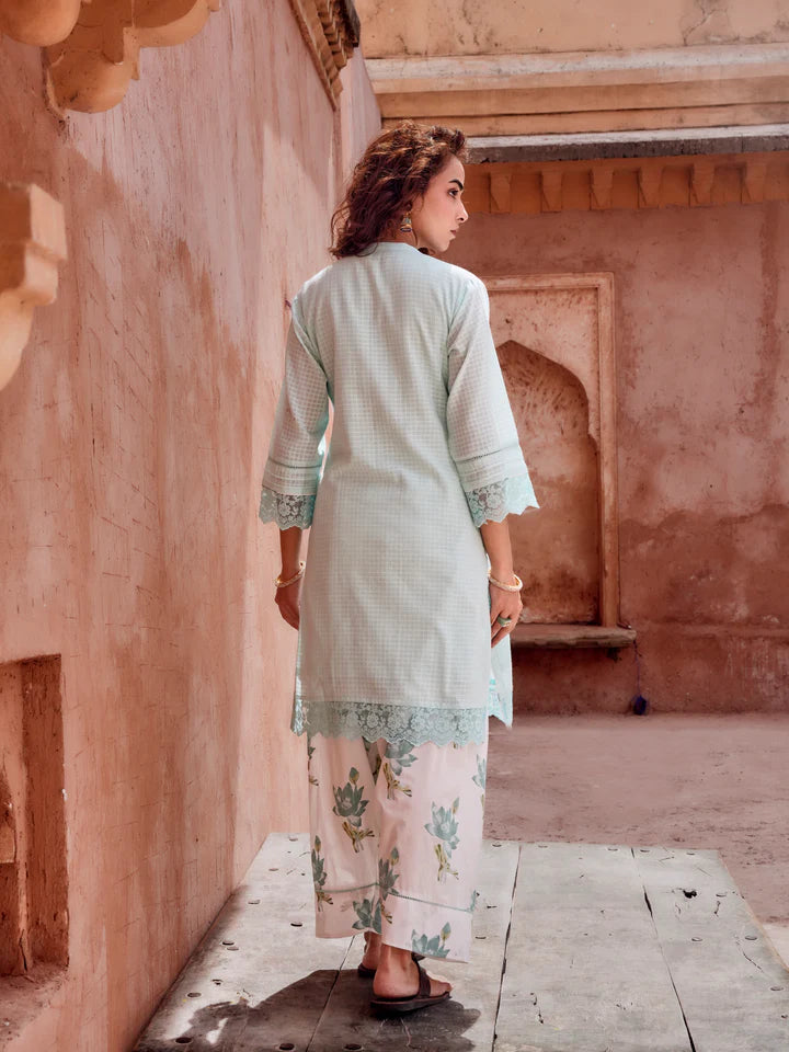 POWDER BLUE CHECKS MULMUL KURTA WITH FARSI SALWAR