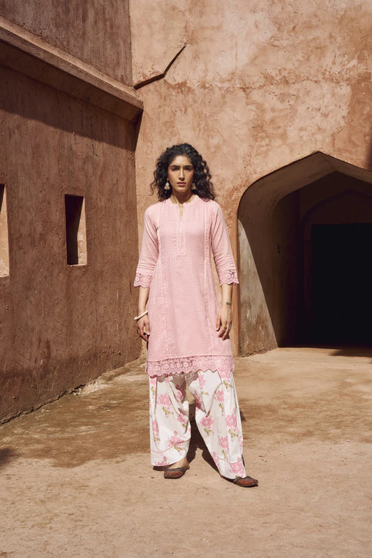 PINK CHECKS MULMUL KURTA WITH FARSI SALWAR