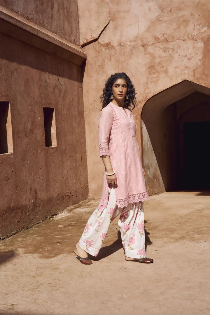 PINK CHECKS MULMUL KURTA WITH FARSI SALWAR