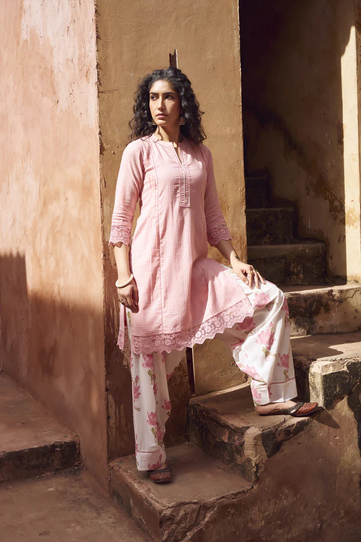 PINK CHECKS MULMUL KURTA WITH FARSI SALWAR