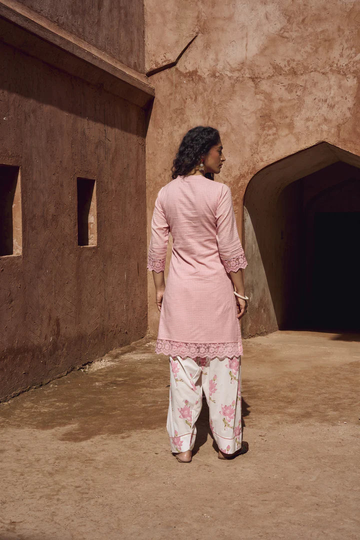PINK CHECKS MULMUL KURTA WITH FARSI SALWAR