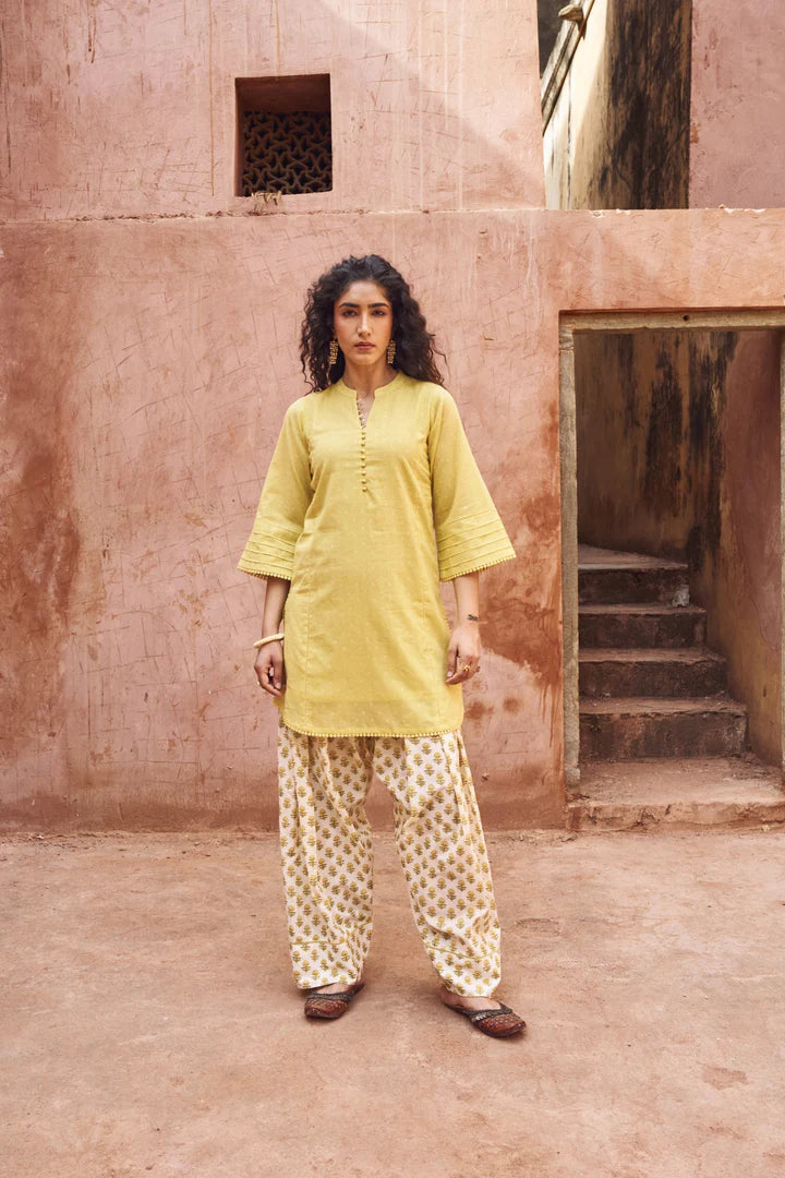 YELLOW DOBBY MULMUL KURTA WITH FARSI SALWAR