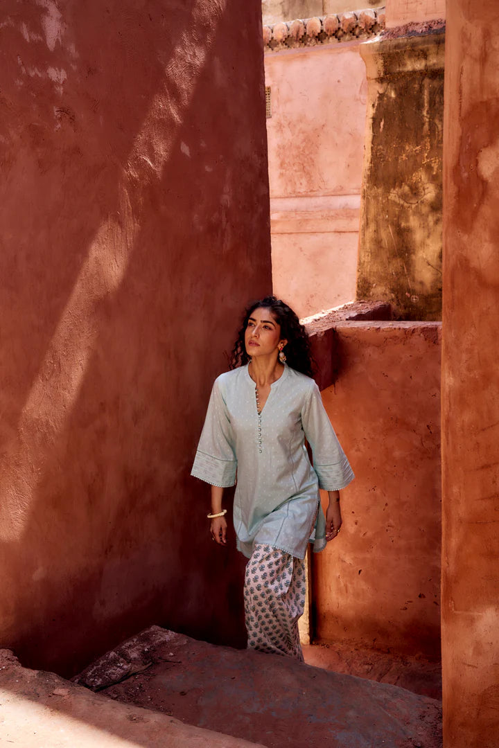 POWDER BLUE DOBBY MULMUL KURTA WITH FARSI SALWAR