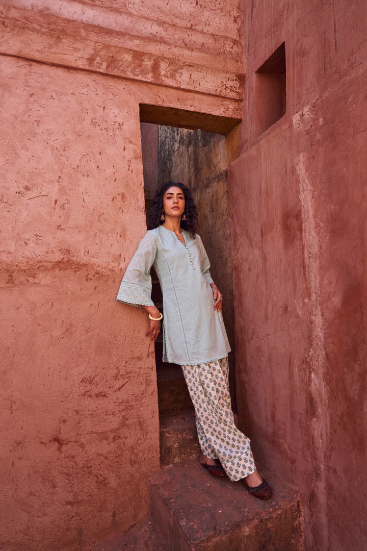 POWDER BLUE DOBBY MULMUL KURTA WITH FARSI SALWAR