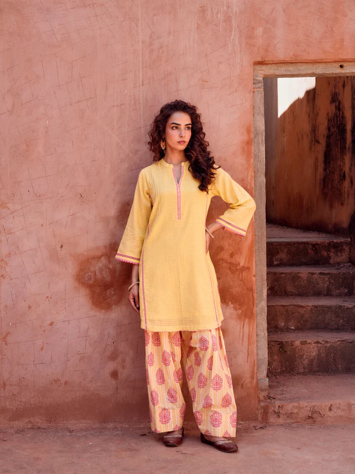 YELLOW LACE WORK KURTA WITH FARSI SALWAR
