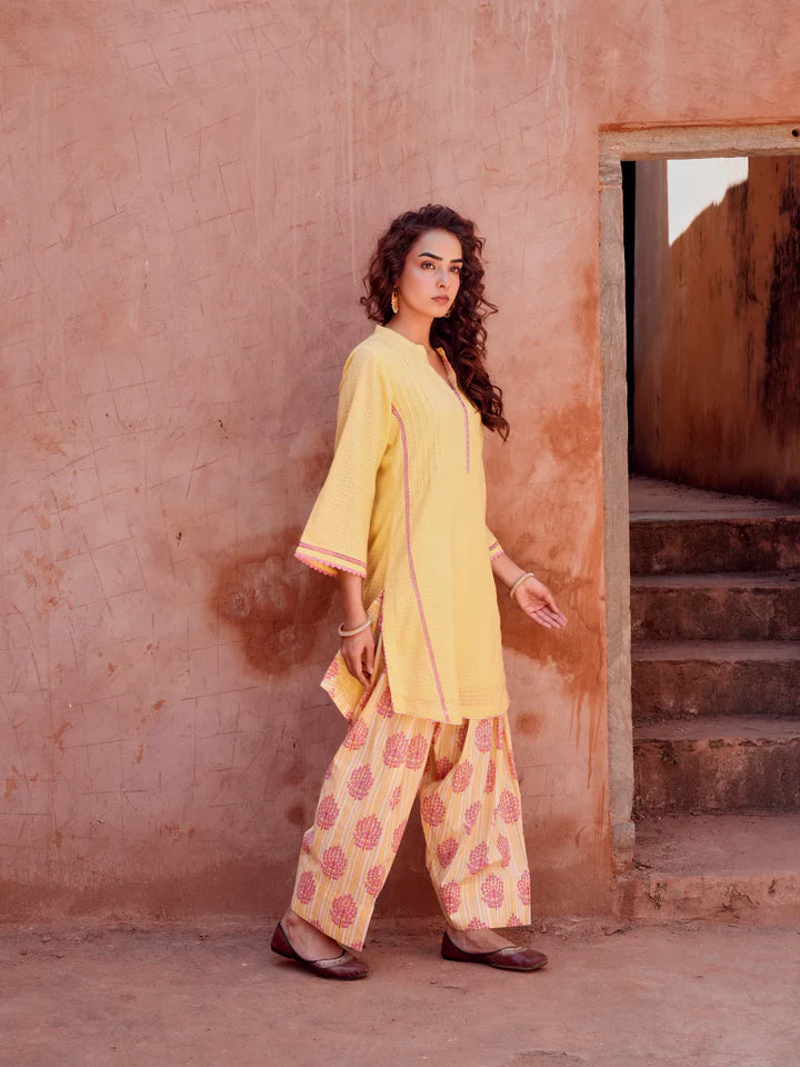 YELLOW LACE WORK KURTA WITH FARSI SALWAR