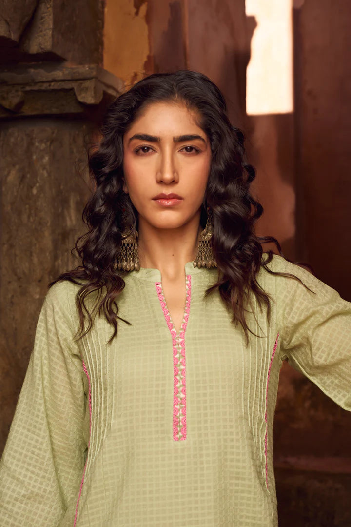PISTA GREEN LACE WORK KURTA WITH FARSI SALWAR