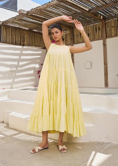 Pastel Yellow Multi Tier Maxi Dress