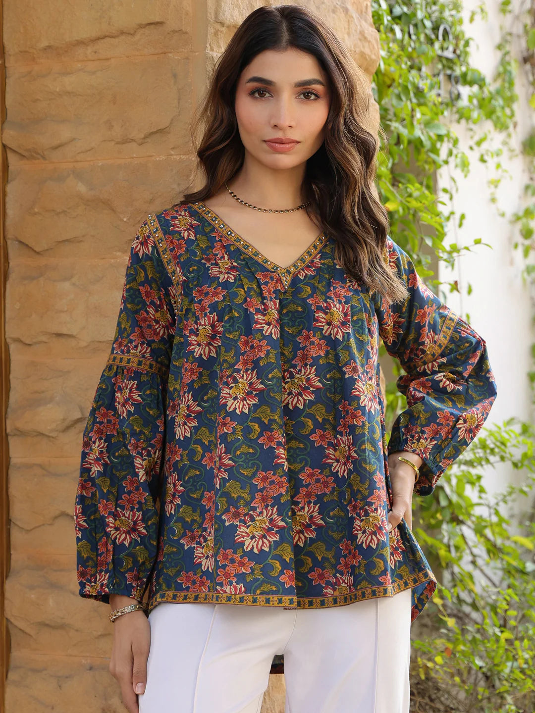 Blue Floral Printed V-Neck Pintuck Cotton Top