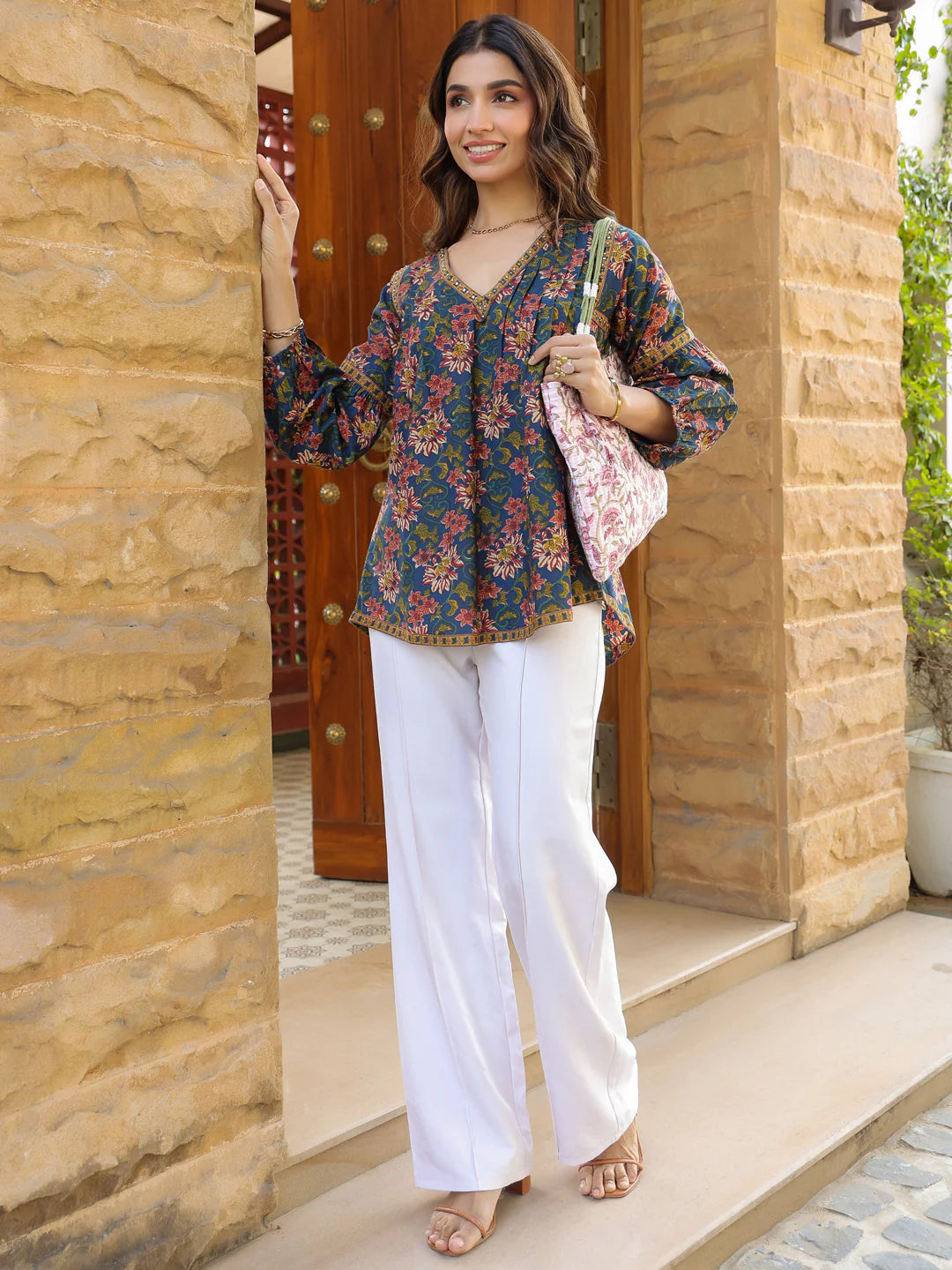 Blue Floral Printed V-Neck Pintuck Cotton Top