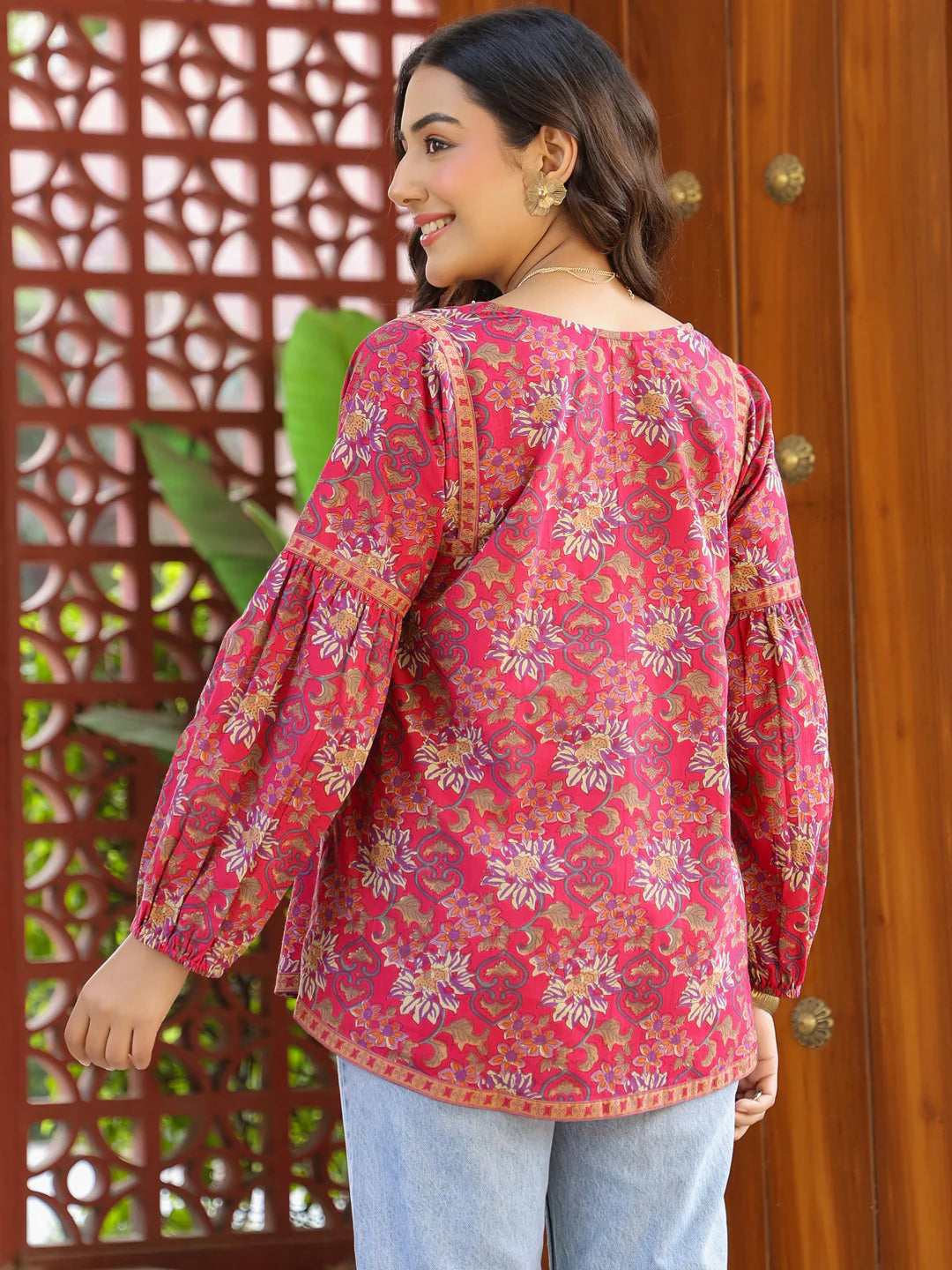 Pink Floral Printed V-Neck Pintuck Cotton Top