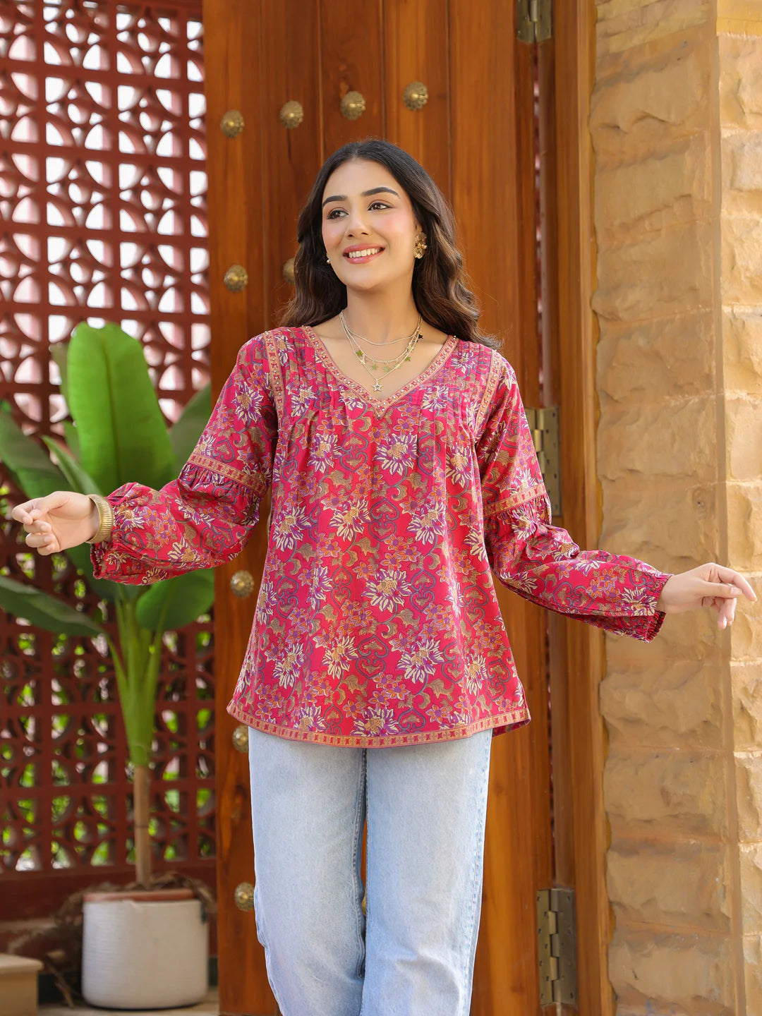 Pink Floral Printed V-Neck Pintuck Cotton Top